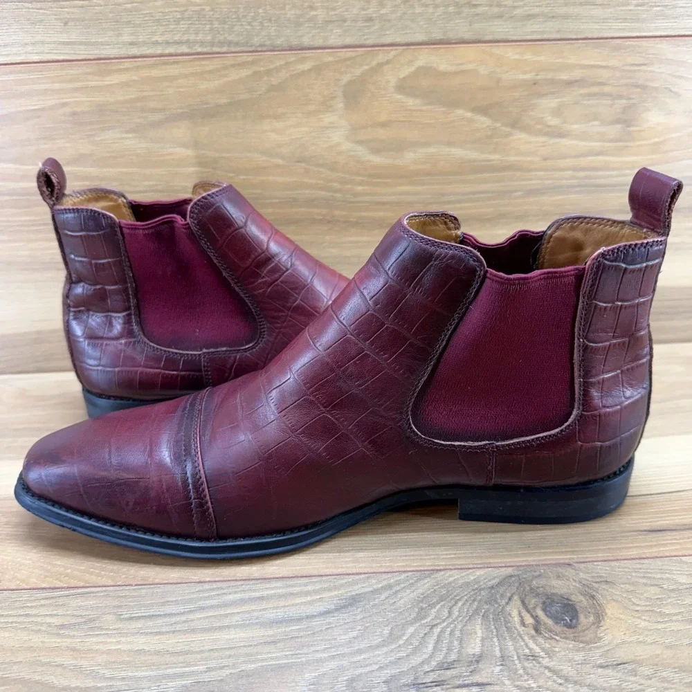 Salvatore Ferragamo Chelsea Boots Mens 8 EU 42 Burgundy Croc Embossed Square Toe